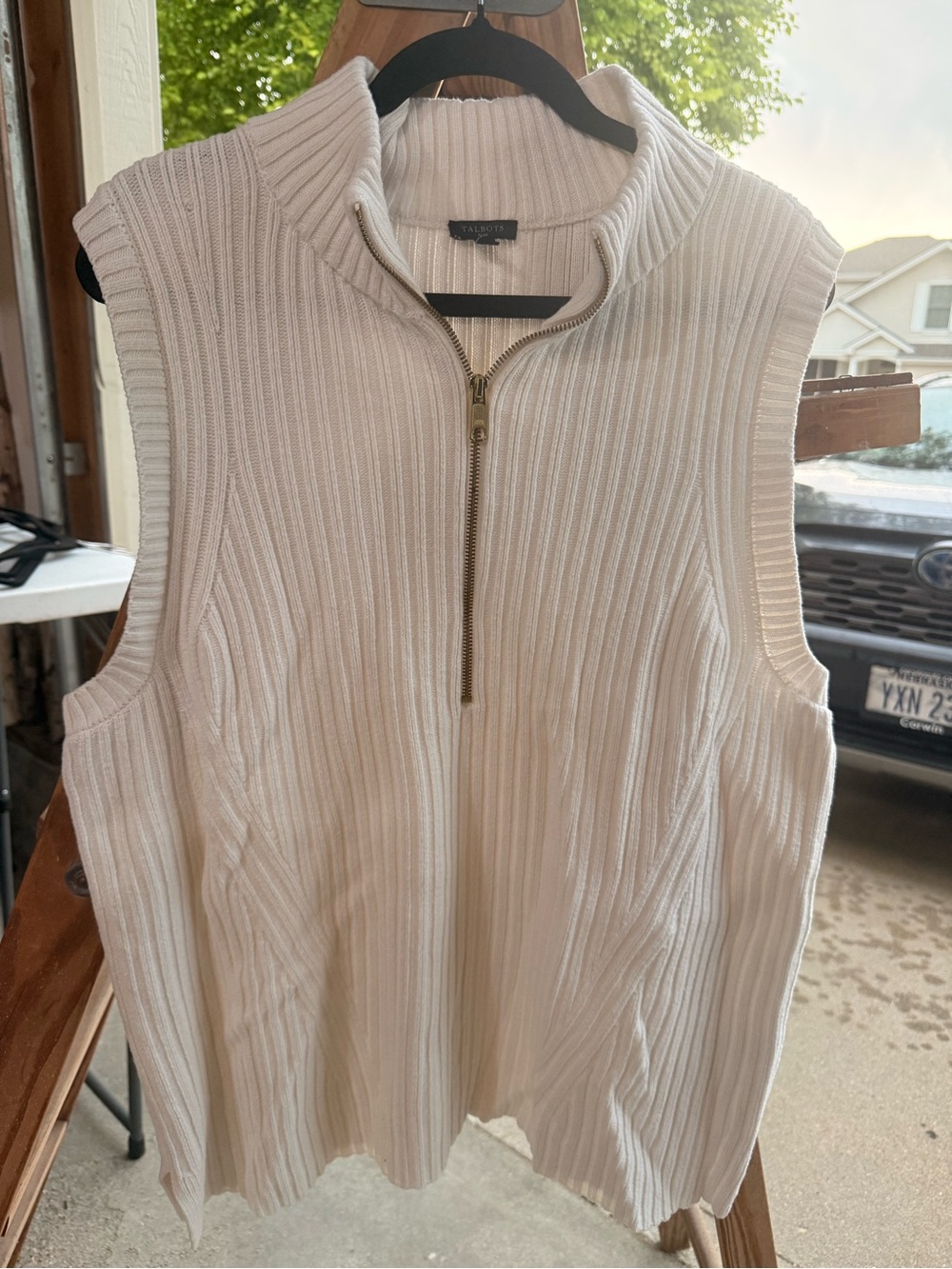 Talbots Cream Ribbed Sleeveless Half-Zip Sweater Vest